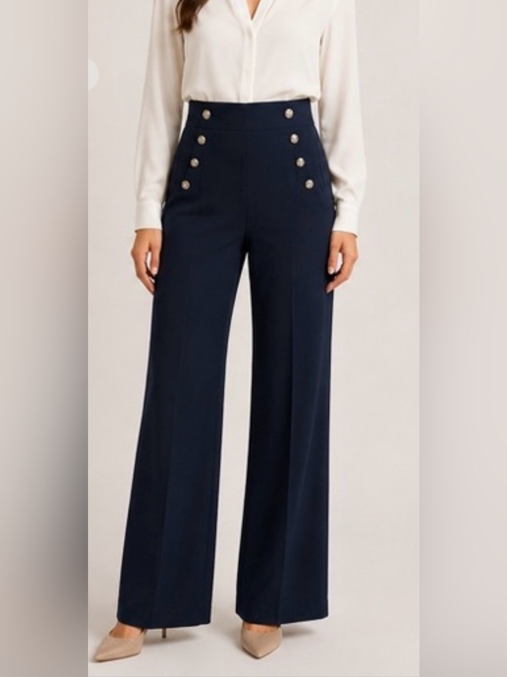 Express Navy High Waist Sailor Trousers Gold Button Wide Leg